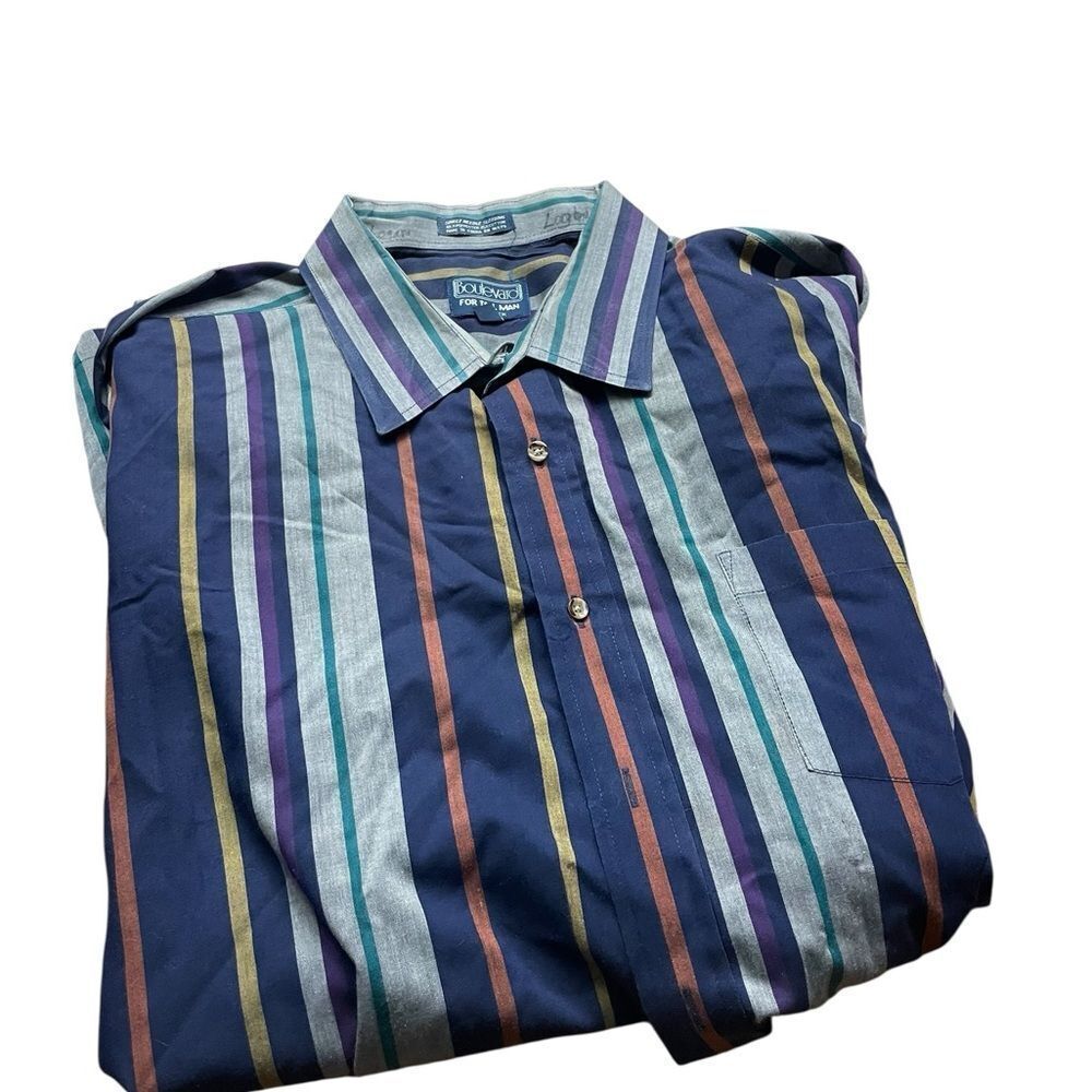 Boulevards for tall man  Men's Striped Button Down Shirt - Blue, Green, Purple